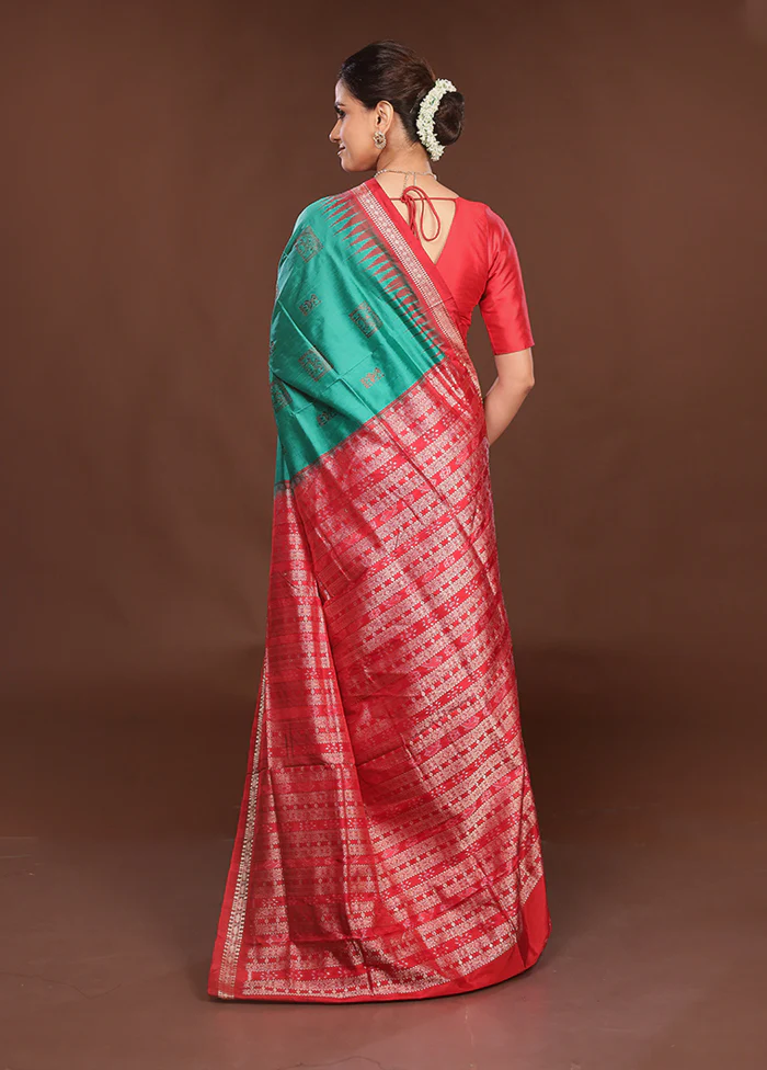 Blue Handloom Bomkai Pure Silk Saree With Blouse Piece - Image 3