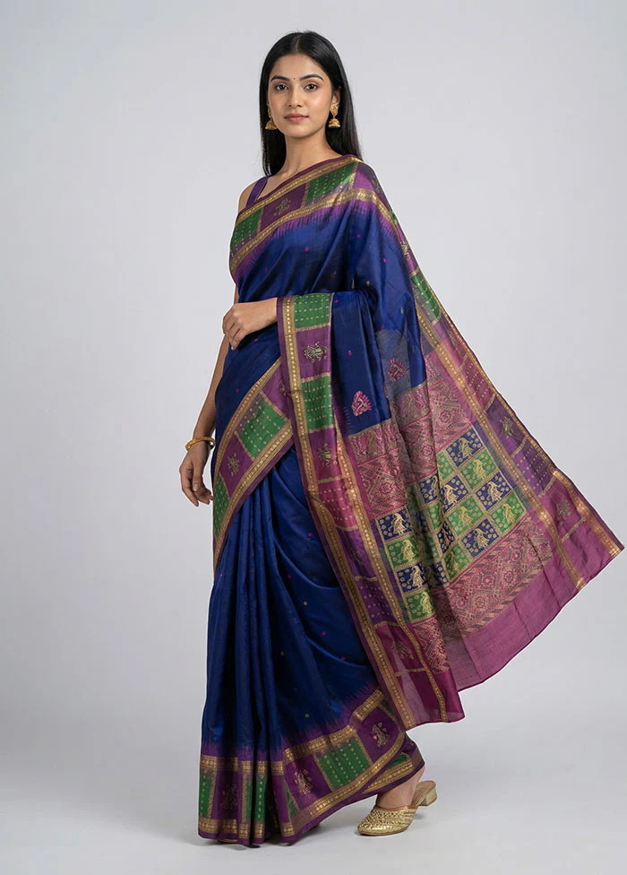 Blue Handloom Bomkai Pure Silk Saree With Blouse Piece