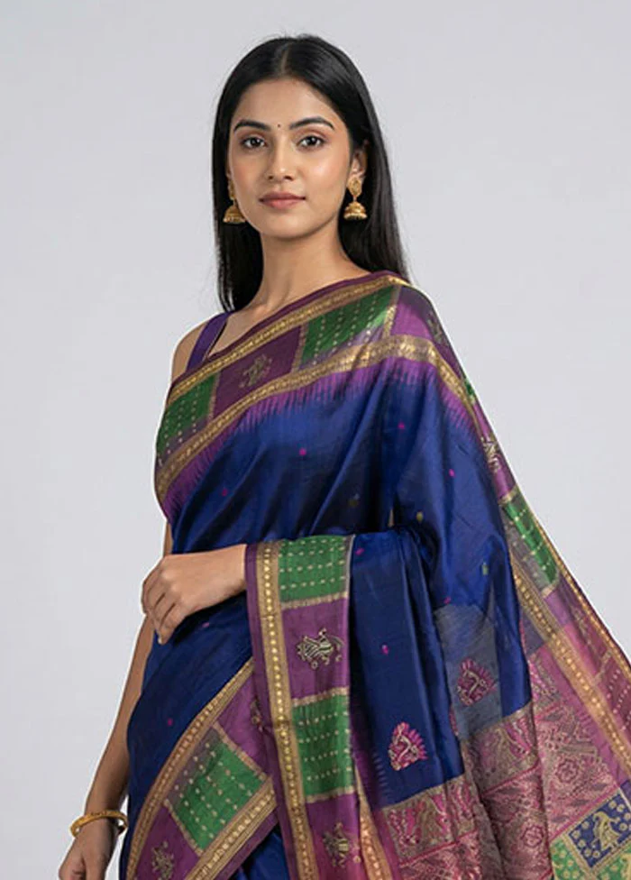 Blue Handloom Bomkai Pure Silk Saree With Blouse Piece - Image 2
