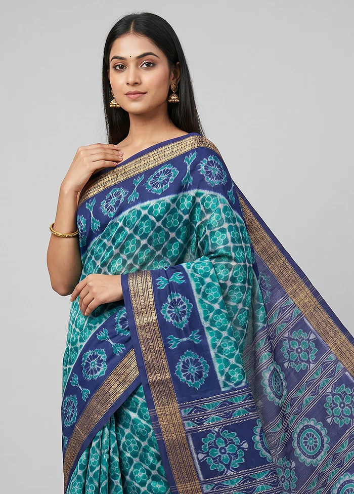 Blue Handloom Bomkai Pure Silk Saree With Blouse Piece - Image 2
