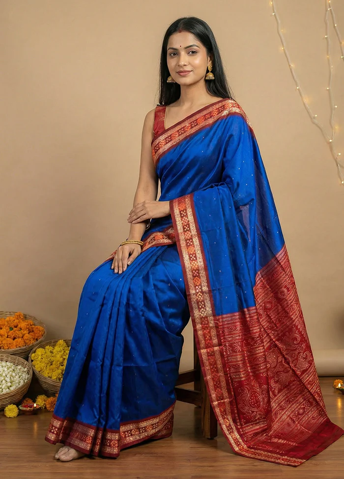 Blue Handloom Bomkai Pure Silk Saree With Blouse Piece - Image 3