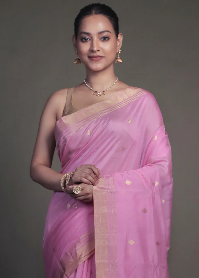 Pink Handloom Chanderi Pure Cotton Saree With Blouse Piece - Image 2