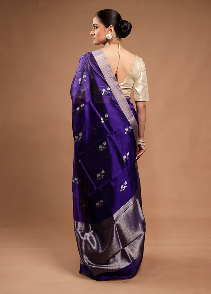 Blue Handloom Chanderi Pure Cotton Saree With Blouse Piece - Image 3