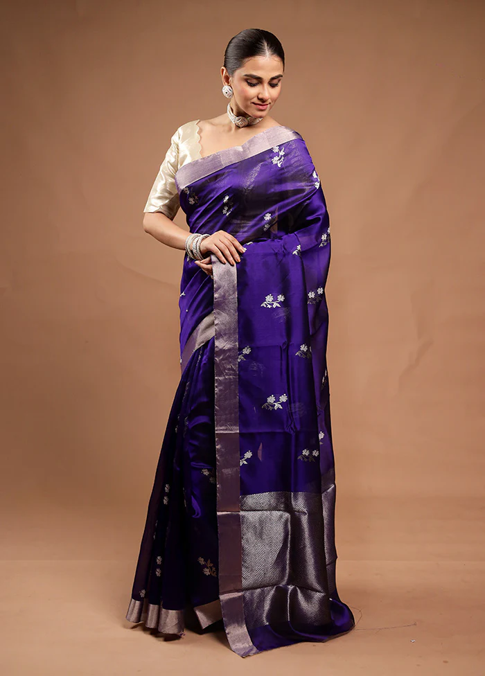 Blue Handloom Chanderi Pure Cotton Saree With Blouse Piece - Image 4