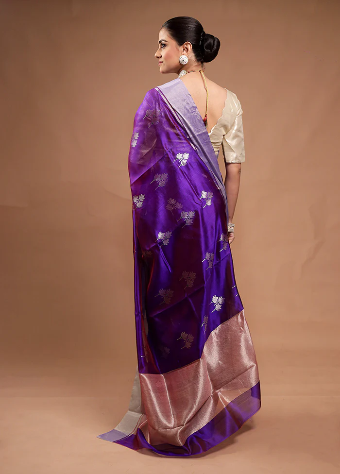 Blue Handloom Chanderi Pure Cotton Saree With Blouse Piece - Image 3