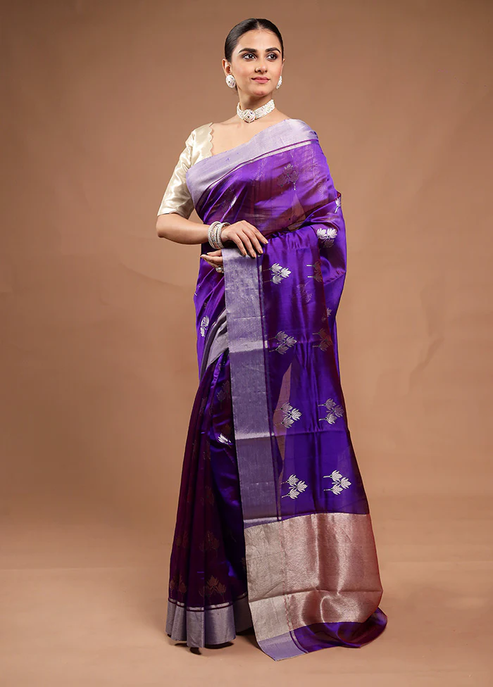Blue Handloom Chanderi Pure Cotton Saree With Blouse Piece - Image 4