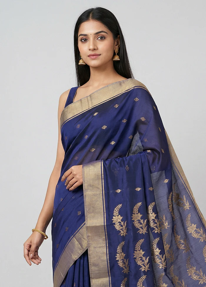 Blue Handloom Chanderi Pure Silk Saree With Blouse Piece - Image 2