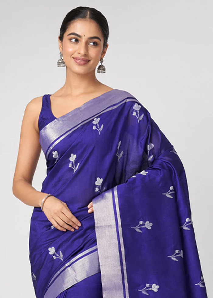Blue Handloom Chanderi Pure Silk Saree With Blouse Piece - Image 2
