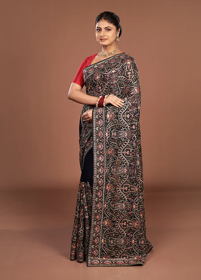 Blue Handloom Chiffon Pure Silk Saree With Blouse Piece - Image 4