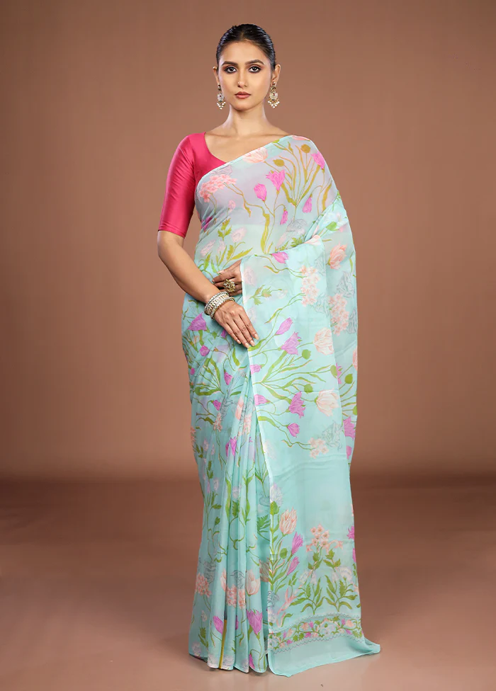 Blue Handloom Chiffon Pure Silk Saree With Blouse Piece - Image 2