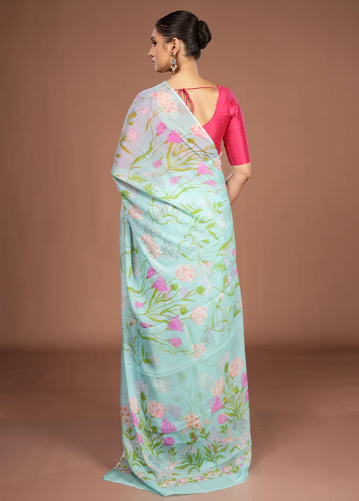 Blue Handloom Chiffon Pure Silk Saree With Blouse Piece - Image 3