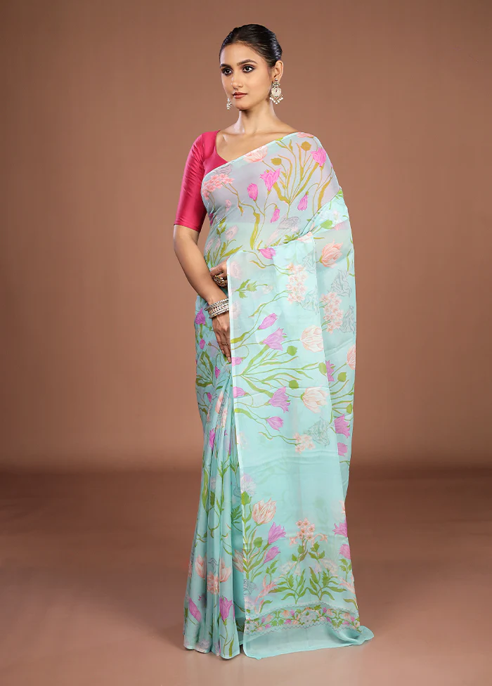 Blue Handloom Chiffon Pure Silk Saree With Blouse Piece - Image 4