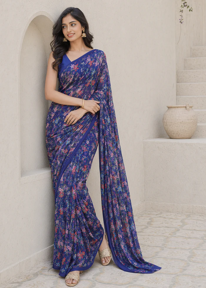 Blue Handloom Chiffon Pure Silk Saree With Blouse Piece - Image 3