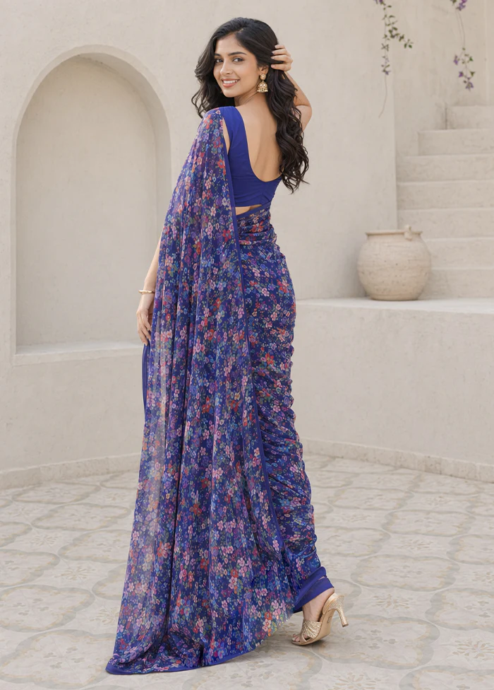Blue Handloom Chiffon Pure Silk Saree With Blouse Piece - Image 4