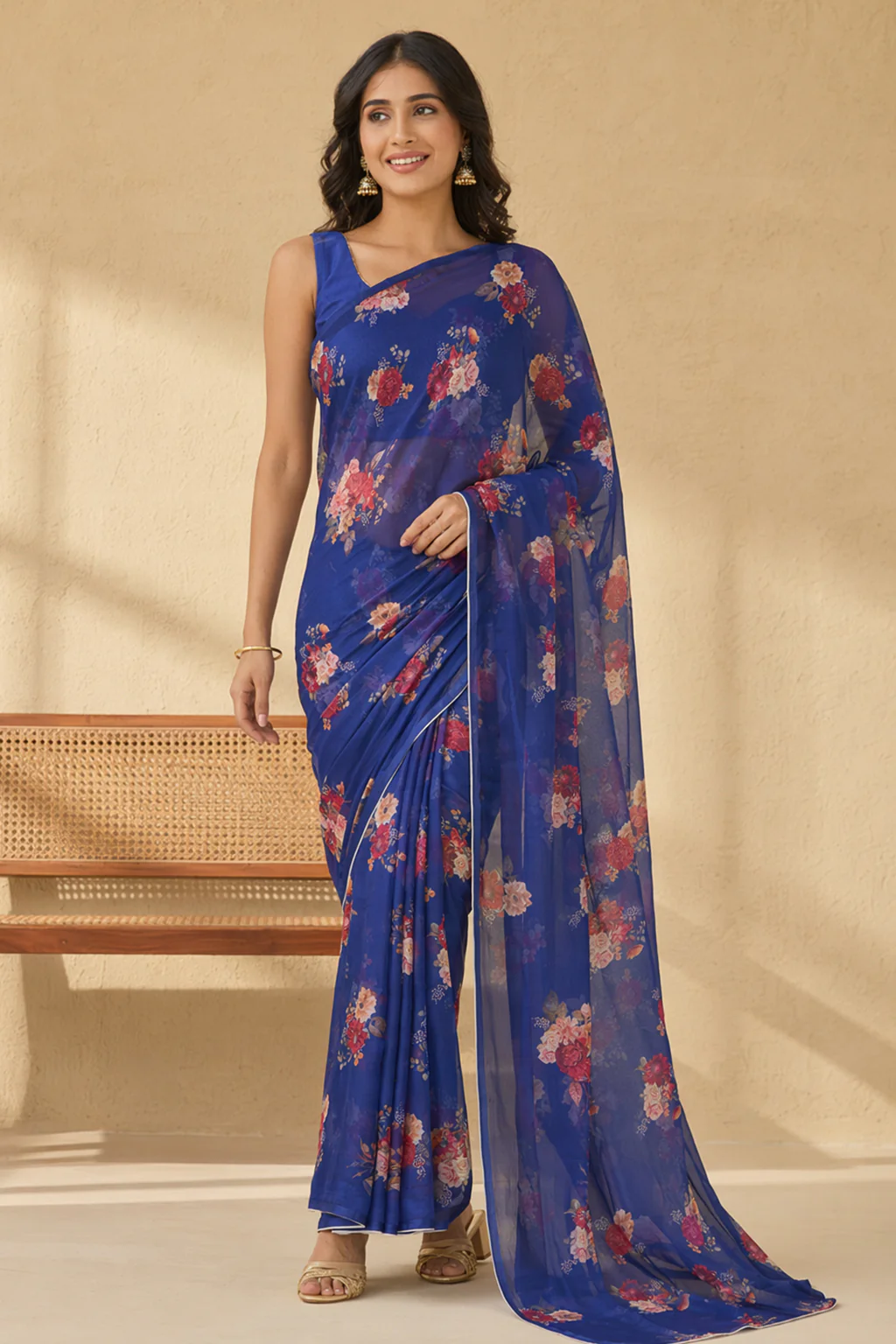 Blue Handloom Chiffon Pure Silk Saree With Blouse Piece