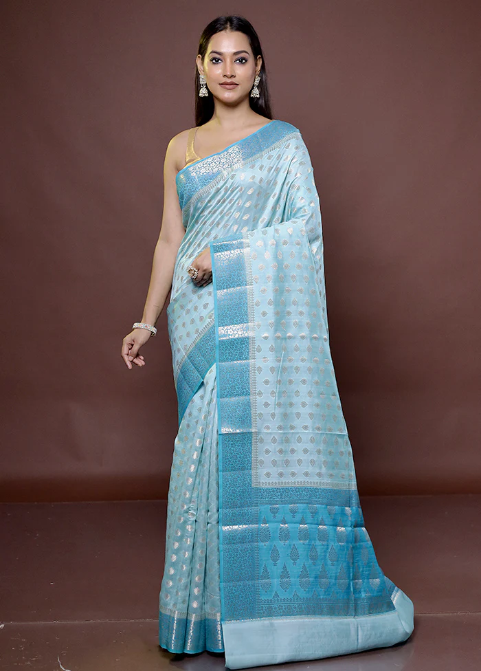 Blue Handloom Dupion Pure Silk Saree With Blouse Piece - Image 2