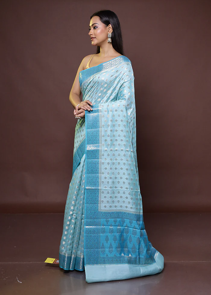 Blue Handloom Dupion Pure Silk Saree With Blouse Piece - Image 4
