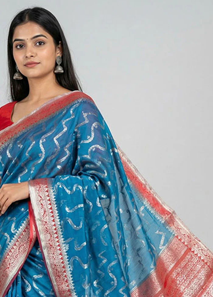 Blue Handloom Dupion Pure Silk Saree With Blouse Piece - Image 2