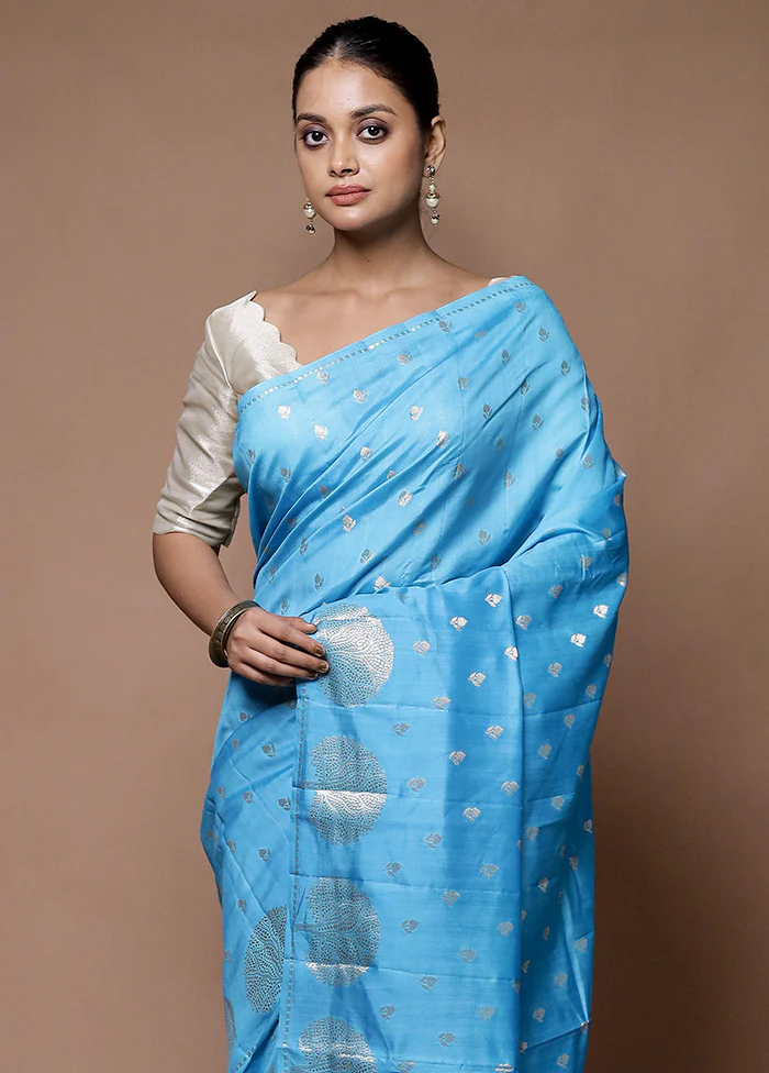 Blue Handloom Dupion Pure Silk Saree With Blouse Piece - Image 2