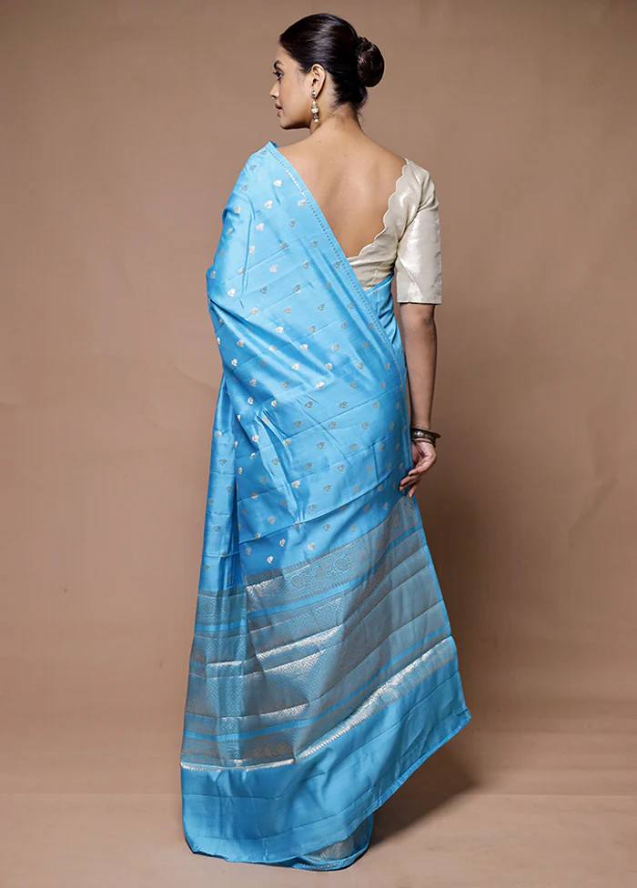 Blue Handloom Dupion Pure Silk Saree With Blouse Piece - Image 3