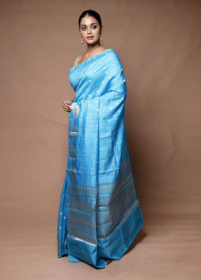 Blue Handloom Dupion Pure Silk Saree With Blouse Piece - Image 4