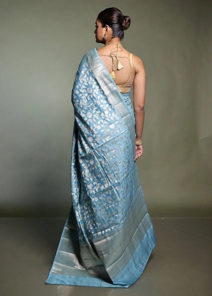 Blue Handloom Dupion Pure Silk Saree With Blouse Piece - Image 3