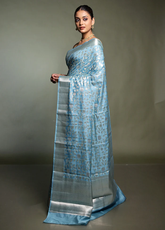 Blue Handloom Dupion Pure Silk Saree With Blouse Piece - Image 4