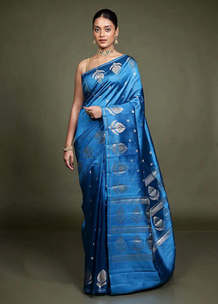 Blue Handloom Dupion Pure Silk Saree With Blouse Piece - Image 2