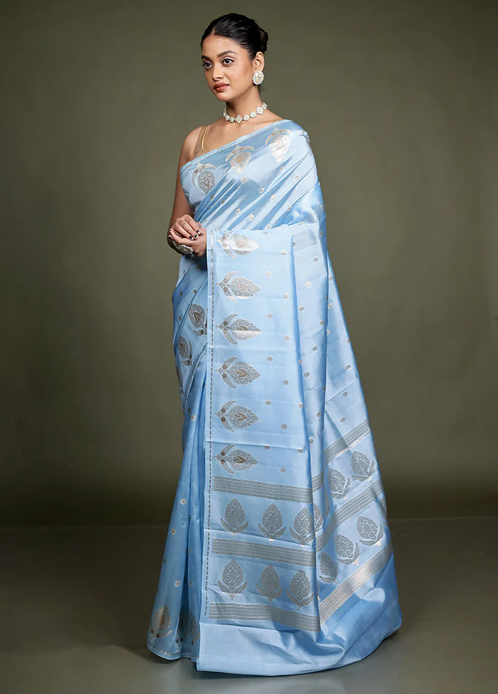 Blue Handloom Dupion Pure Silk Saree With Blouse Piece - Image 4