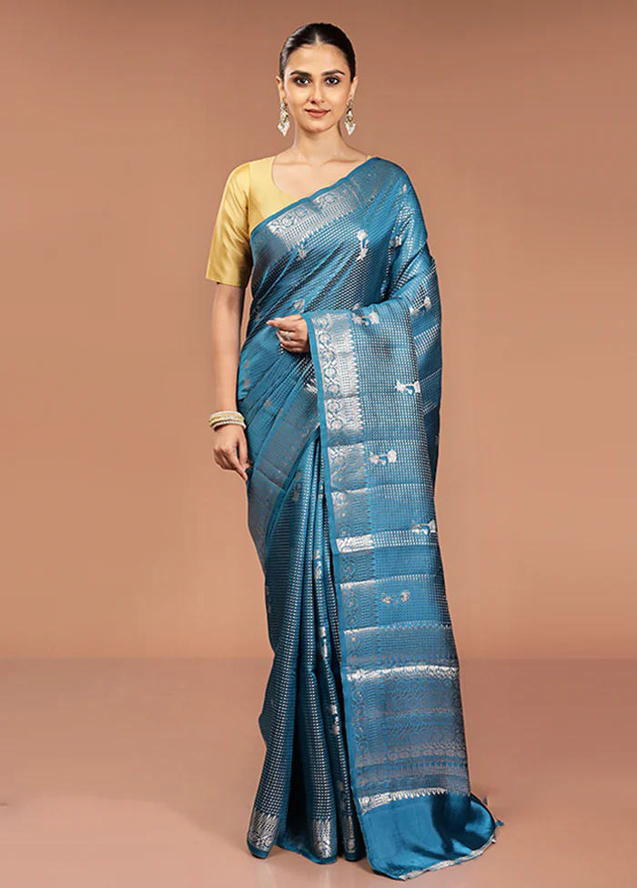 Blue Handloom Dupion Pure Silk Saree With Blouse Piece - Image 2
