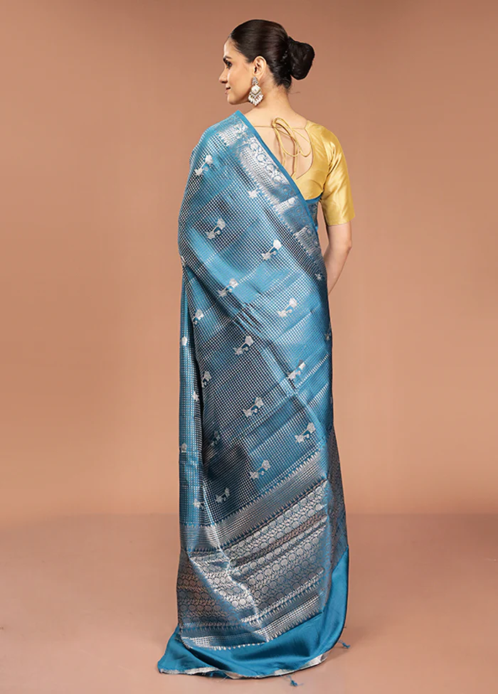 Blue Handloom Dupion Pure Silk Saree With Blouse Piece - Image 3