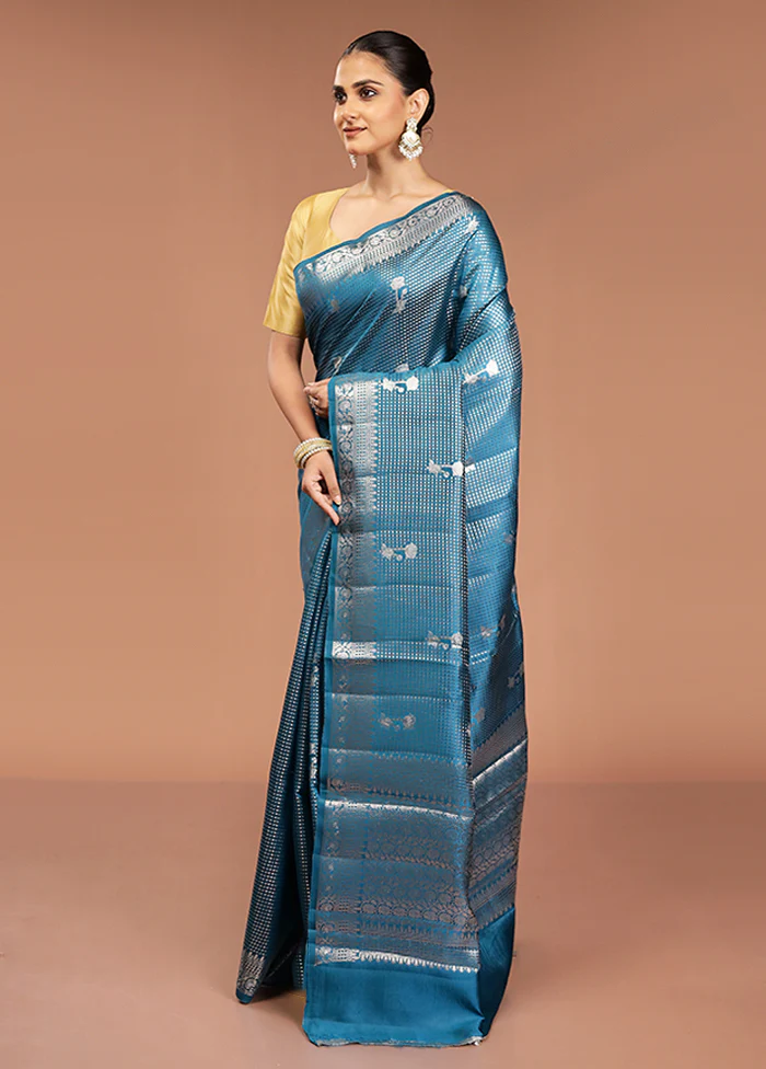 Blue Handloom Dupion Pure Silk Saree With Blouse Piece - Image 4