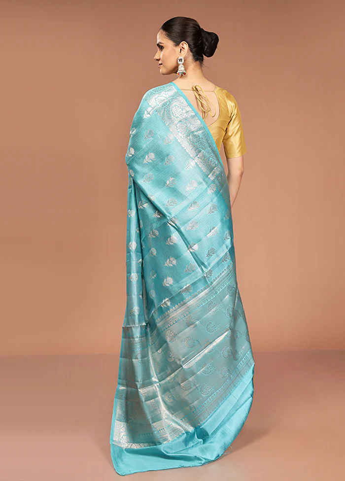 Blue Handloom Dupion Pure Silk Saree With Blouse Piece - Image 3