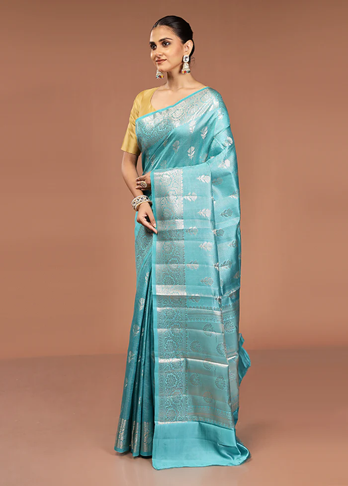 Blue Handloom Dupion Pure Silk Saree With Blouse Piece - Image 4