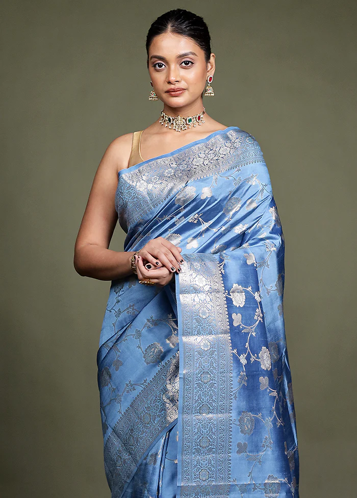 Blue Handloom Dupion Pure Silk Saree With Blouse Piece