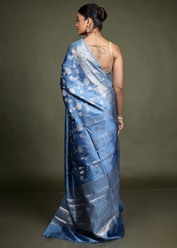Blue Handloom Dupion Pure Silk Saree With Blouse Piece - Image 3
