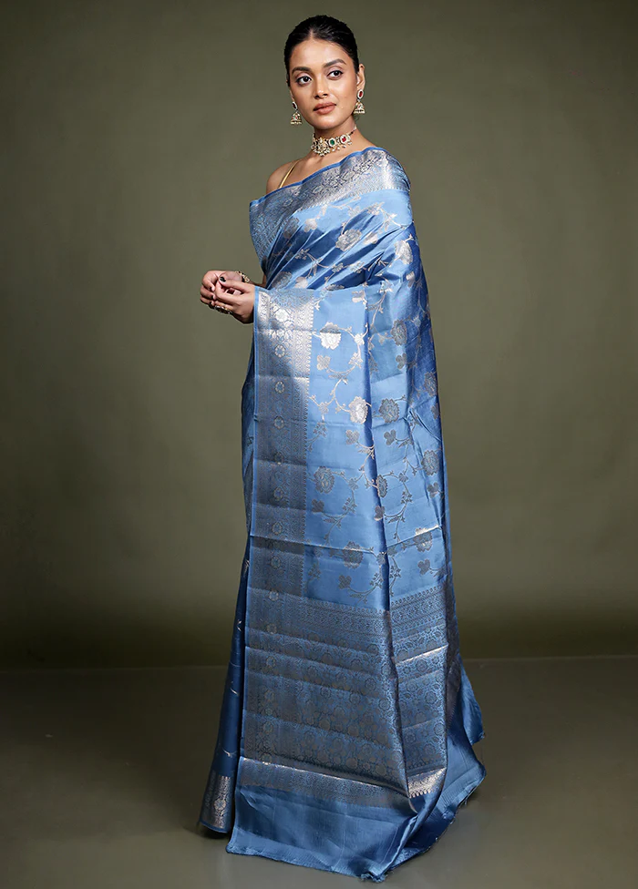 Blue Handloom Dupion Pure Silk Saree With Blouse Piece - Image 4