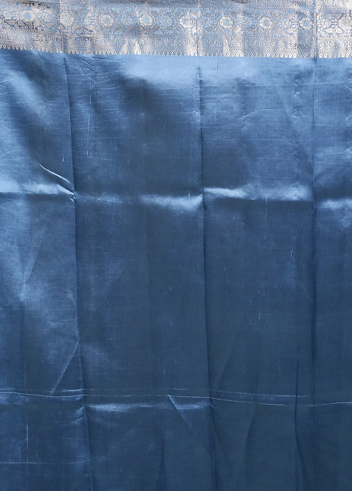 Blue Handloom Dupion Pure Silk Saree With Blouse Piece - Image 5