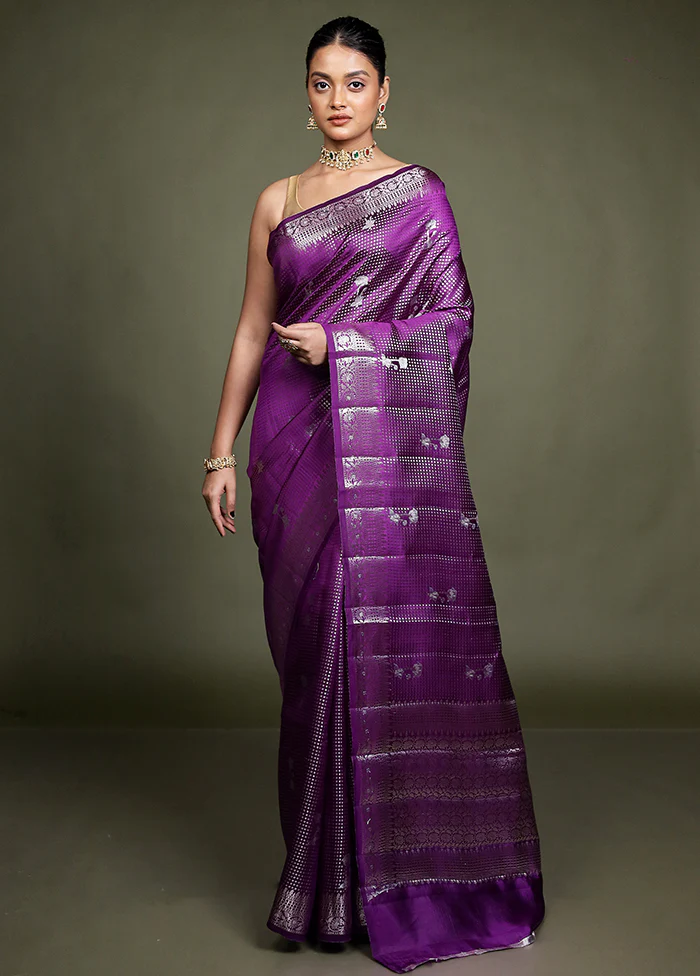 Purple Handloom Dupion Pure Silk Saree With Blouse Piece - Image 2