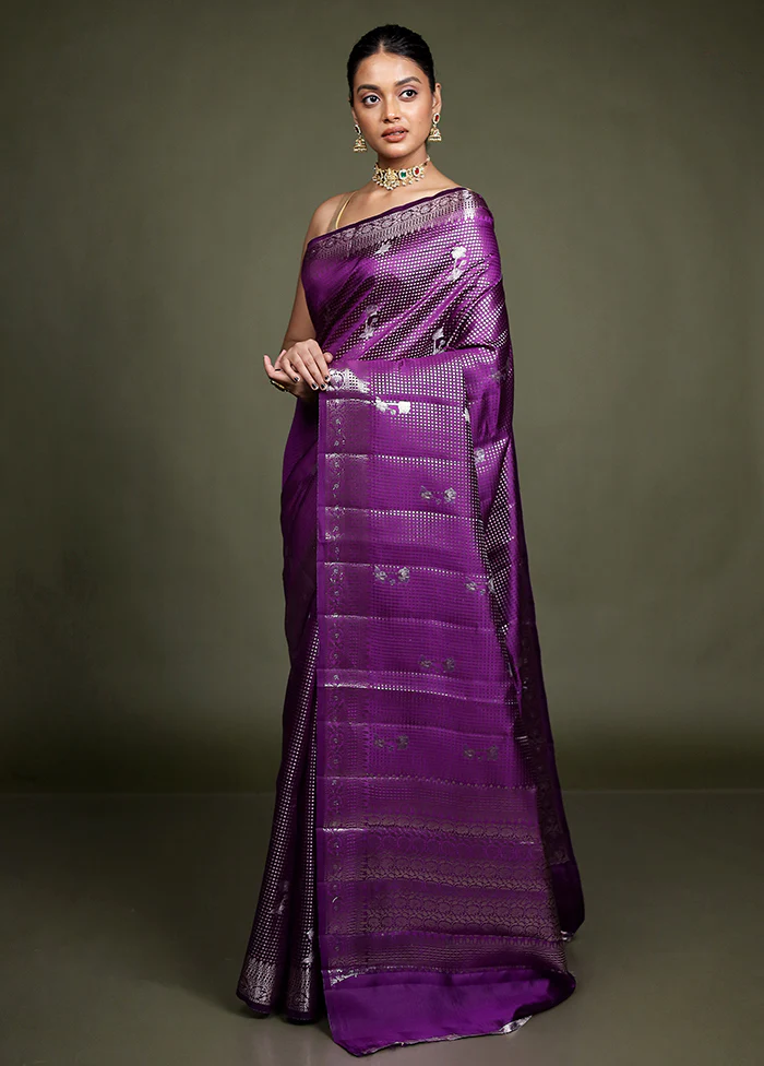 Purple Handloom Dupion Pure Silk Saree With Blouse Piece - Image 4