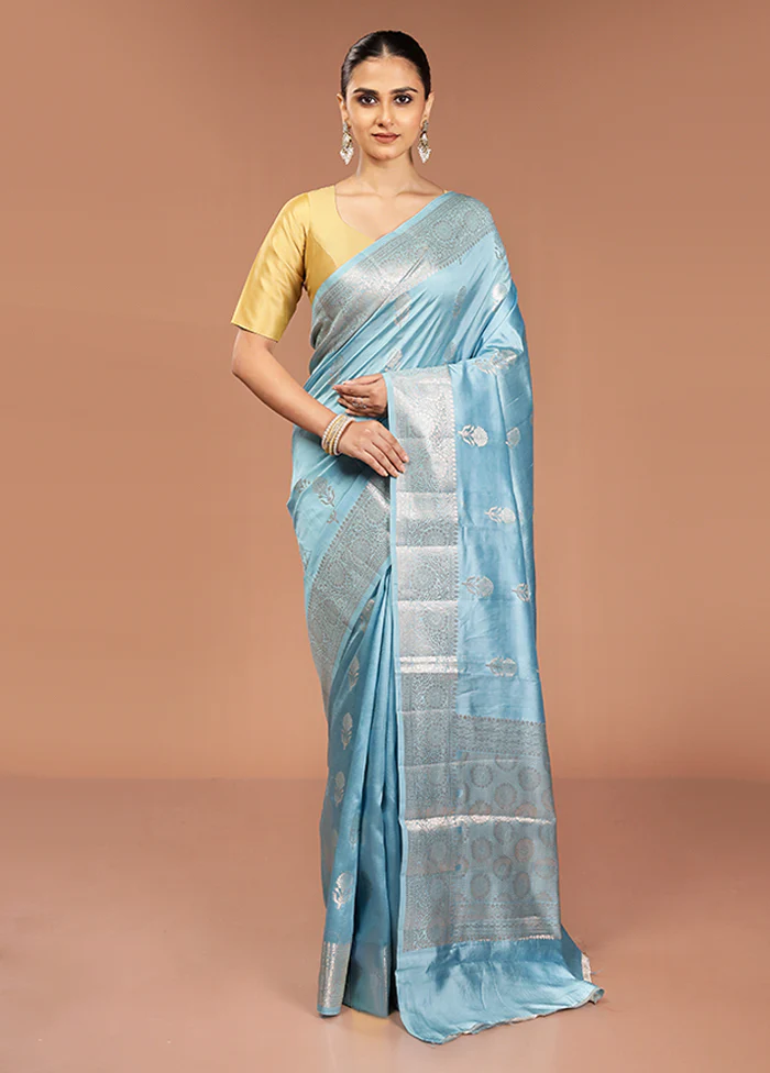 Blue Handloom Dupion Pure Silk Saree With Blouse Piece - Image 2