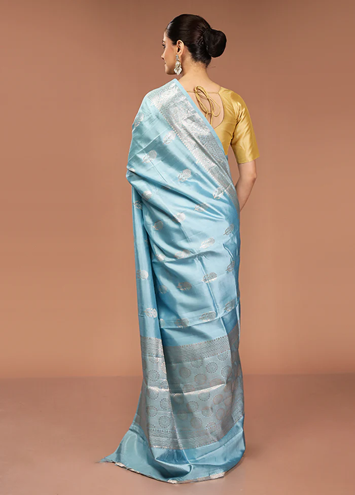 Blue Handloom Dupion Pure Silk Saree With Blouse Piece - Image 3