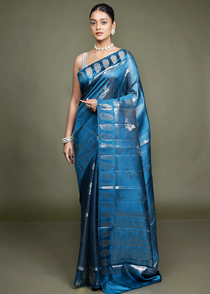 Blue Handloom Dupion Pure Silk Saree With Blouse Piece - Image 2