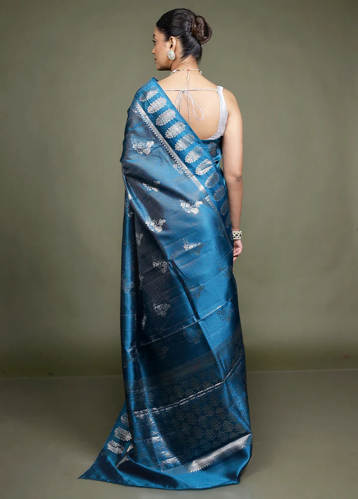 Blue Handloom Dupion Pure Silk Saree With Blouse Piece - Image 3