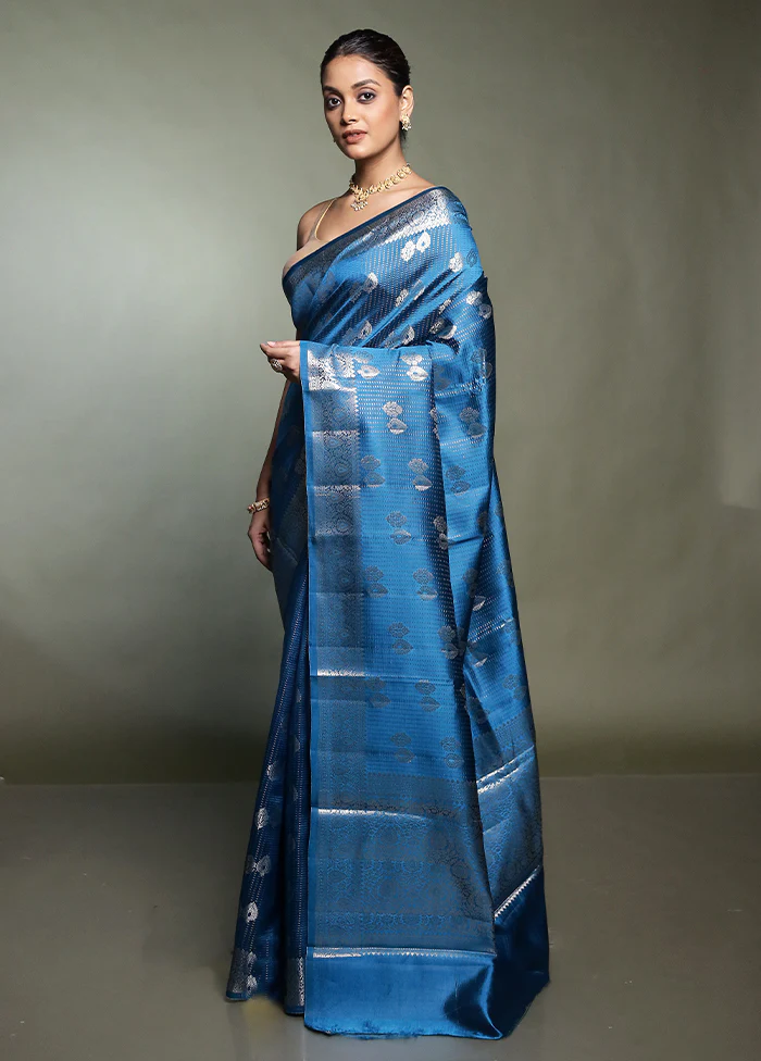 Blue Handloom Dupion Pure Silk Saree With Blouse Piece - Image 4