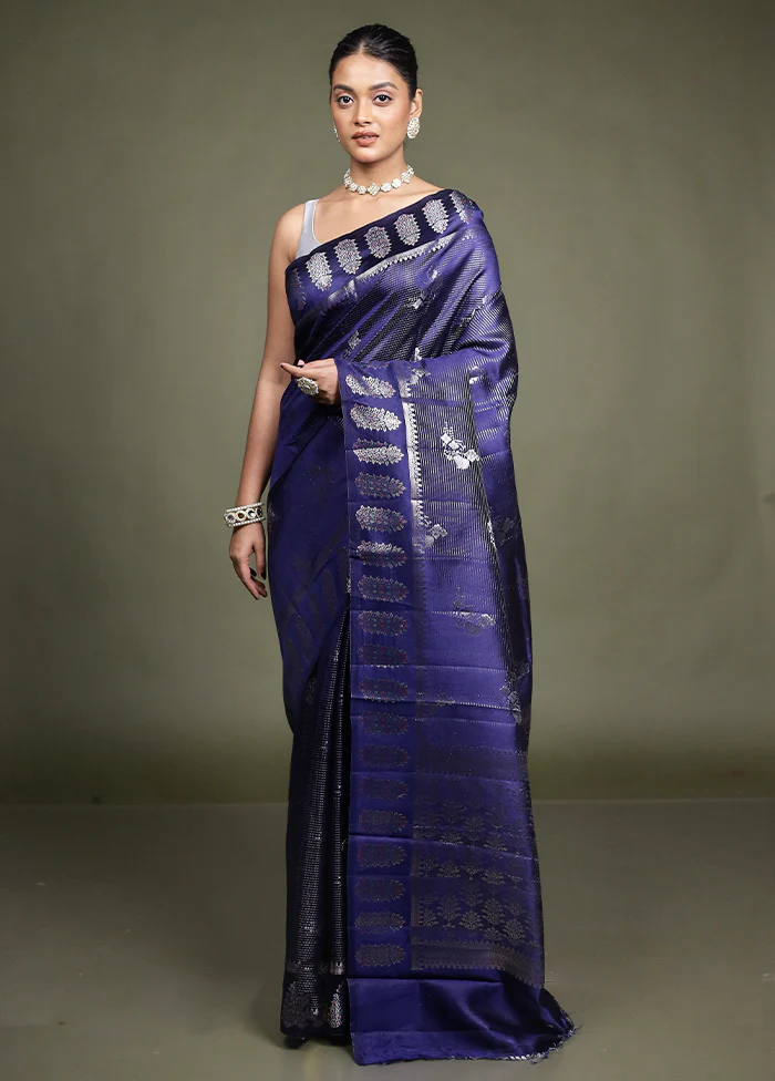 Blue Handloom Dupion Pure Silk Saree With Blouse Piece - Image 2
