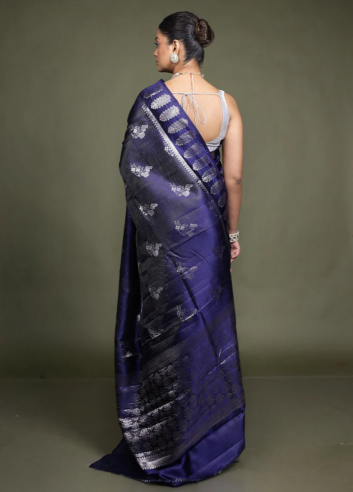 Blue Handloom Dupion Pure Silk Saree With Blouse Piece - Image 3