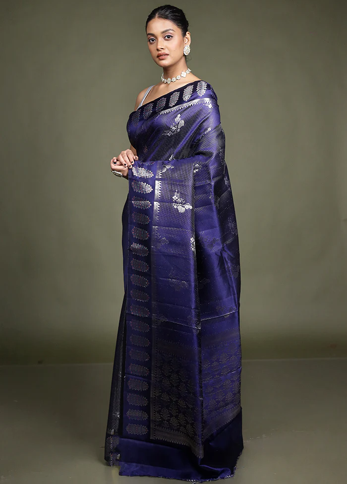 Blue Handloom Dupion Pure Silk Saree With Blouse Piece - Image 4