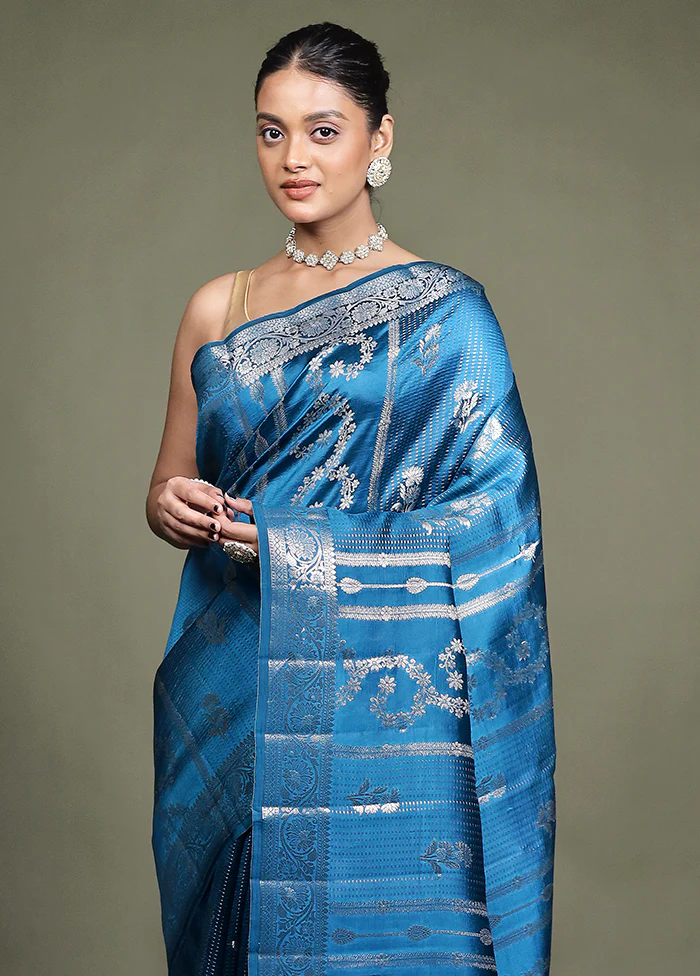 Blue Handloom Dupion Pure Silk Saree With Blouse Piece