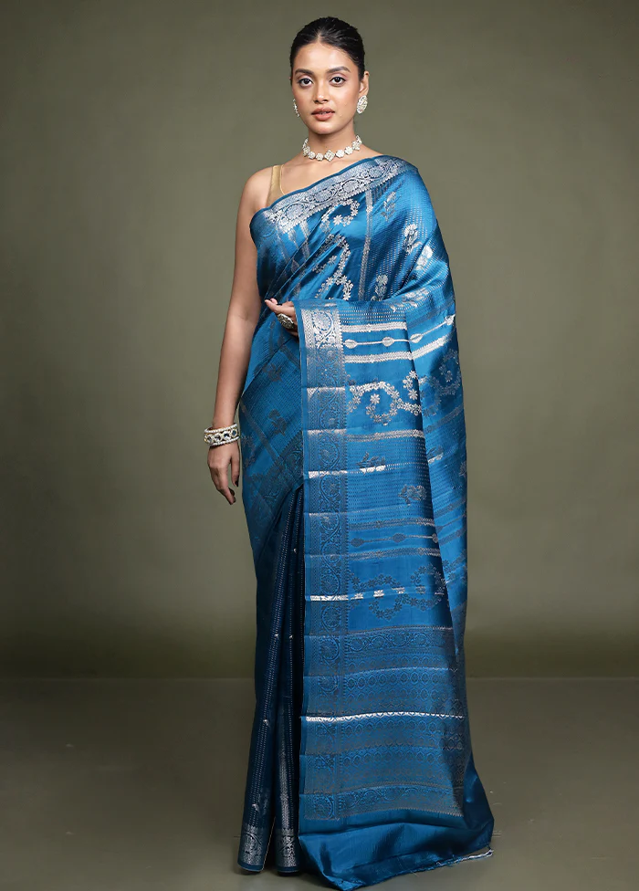 Blue Handloom Dupion Pure Silk Saree With Blouse Piece - Image 2